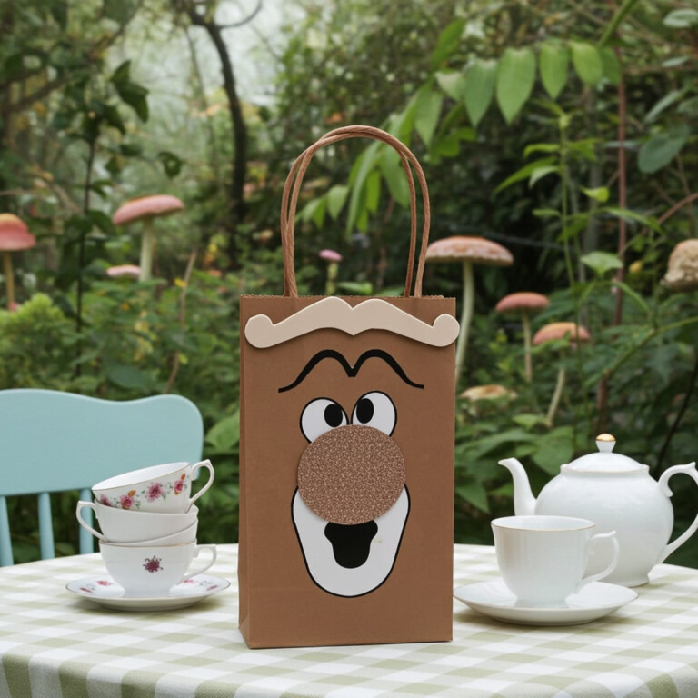 Alice in Wonderland Doorknob party favor bag displayed on a tea party table, handcrafted with layered foam details and perfect for themed birthday celebrations