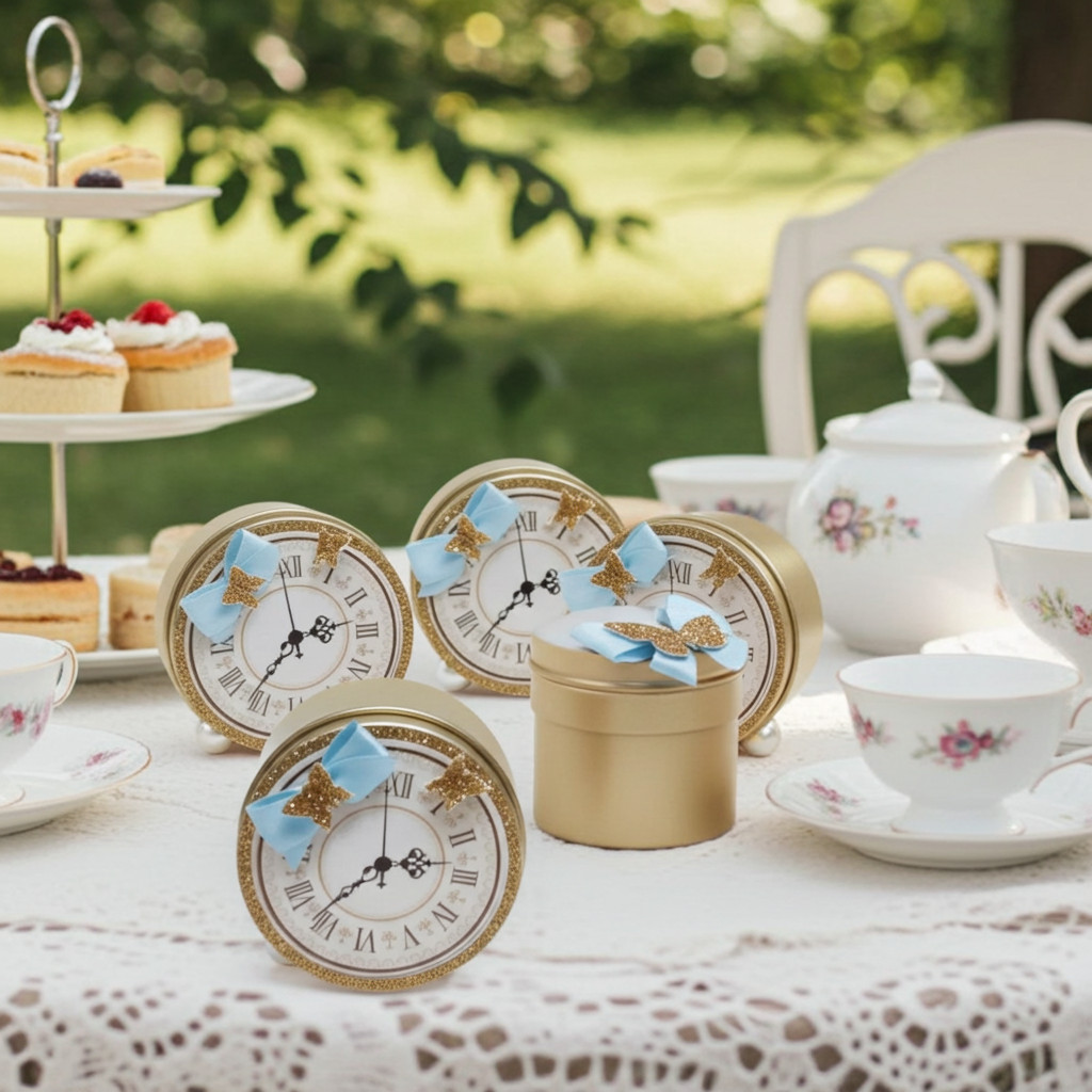 Alice Wonderland Rabbit Clock Boxes. Birthday party table decor.