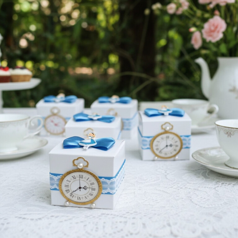 Alice in Wonderland clock-themed favor boxes decorated with blue bows and lace, displayed on a tea party table setting.
