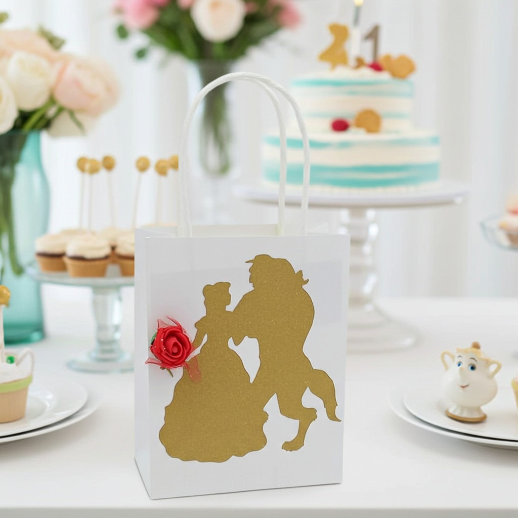Beauty Beast birthday party favor bag with gold silhouette and red rose decoration.