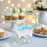 Handmade Frozen party box with Elsa bow and silver snowflake details. Elegant blue and white design perfect for Frozen birthdays and winter celebrations.