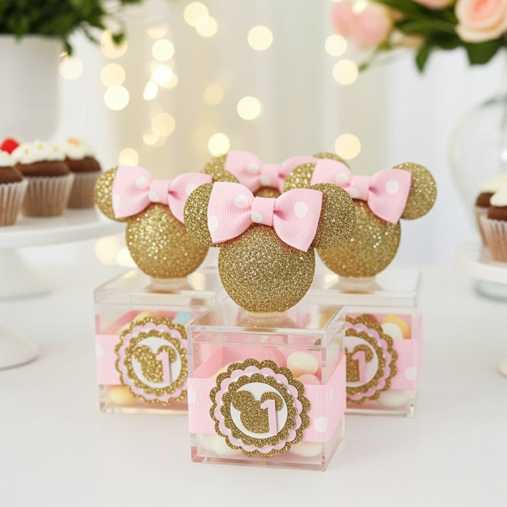 Elegant handmade Minnie Mouse party favor boxes with gold glitter ears, pink bows, and keepsake sweets kids party decorations— Party By Imagination
