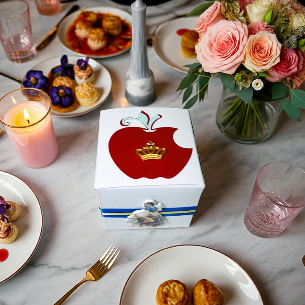 This Snow White themed gift box features a bold red apple with a golden crown, styled on an elegant table setting. Perfect as a centerpiece or favor box for princess-inspired celebrations