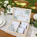 Personalized bridal and bridesmaid wedding gifts displayed on an elegant table.