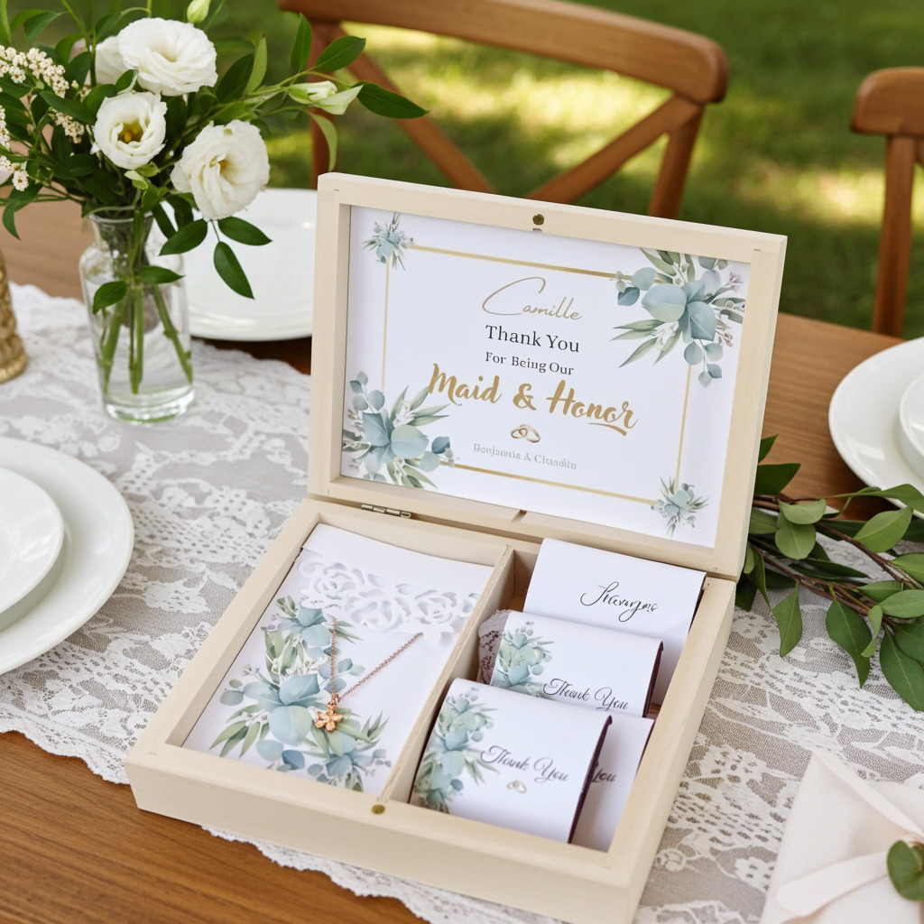 Personalized bridal and bridesmaid wedding gifts displayed on an elegant table.