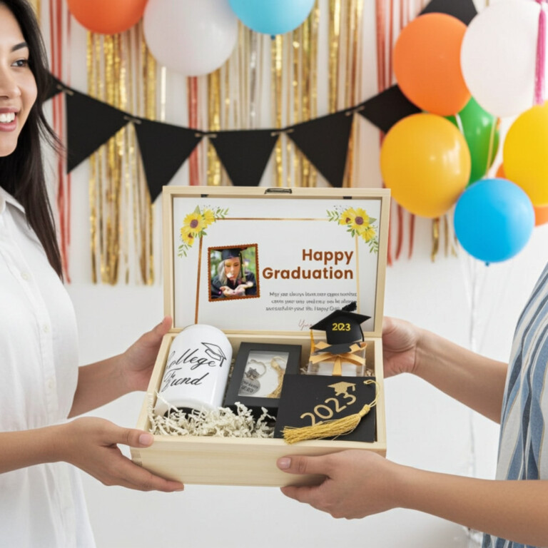 Handmade graduation gift set with personalized gift bag, keepsake box, and party decorations