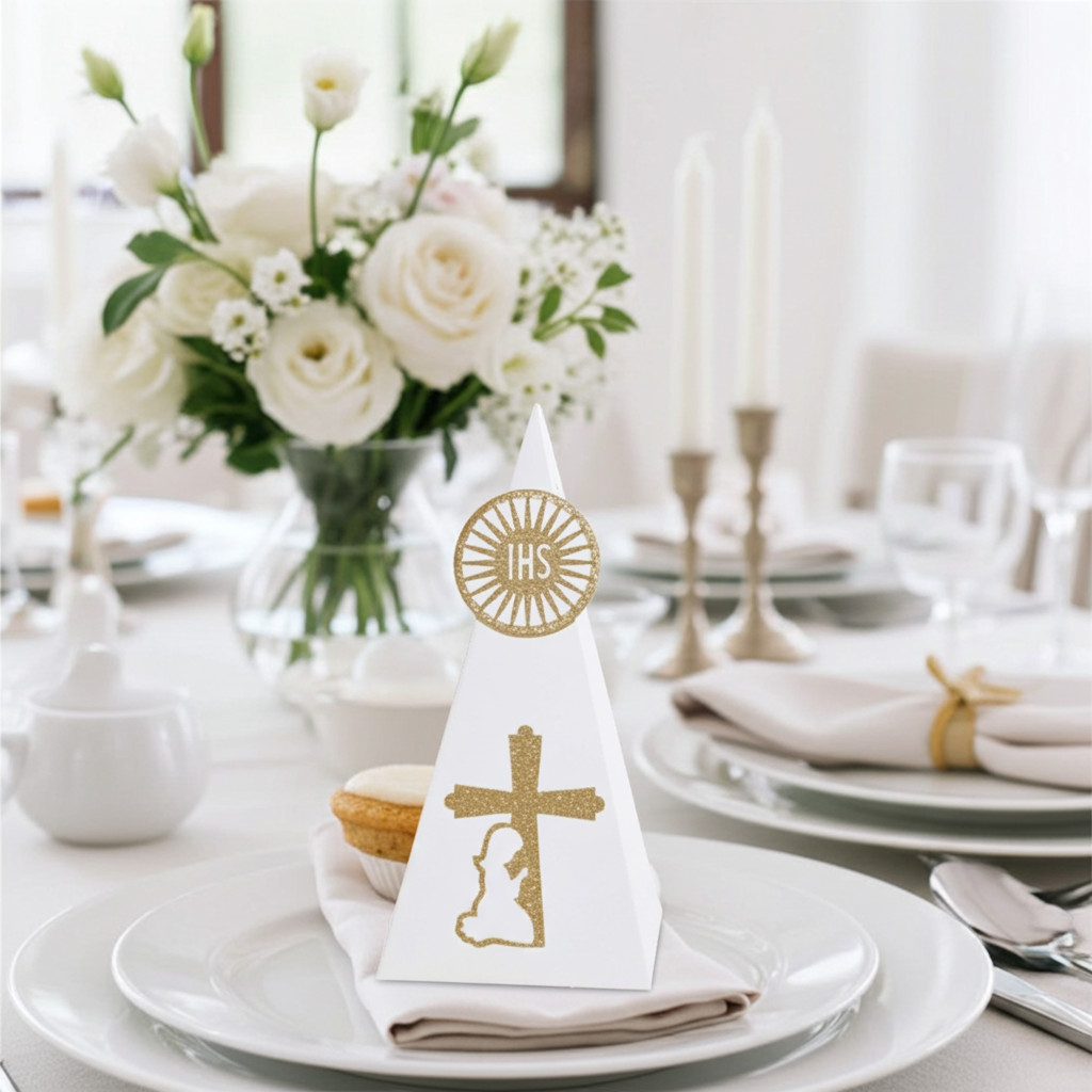 First Communion gifts for girls, table decorations for girl with IHS symbol and gold cross, handmade by Party By Imagination