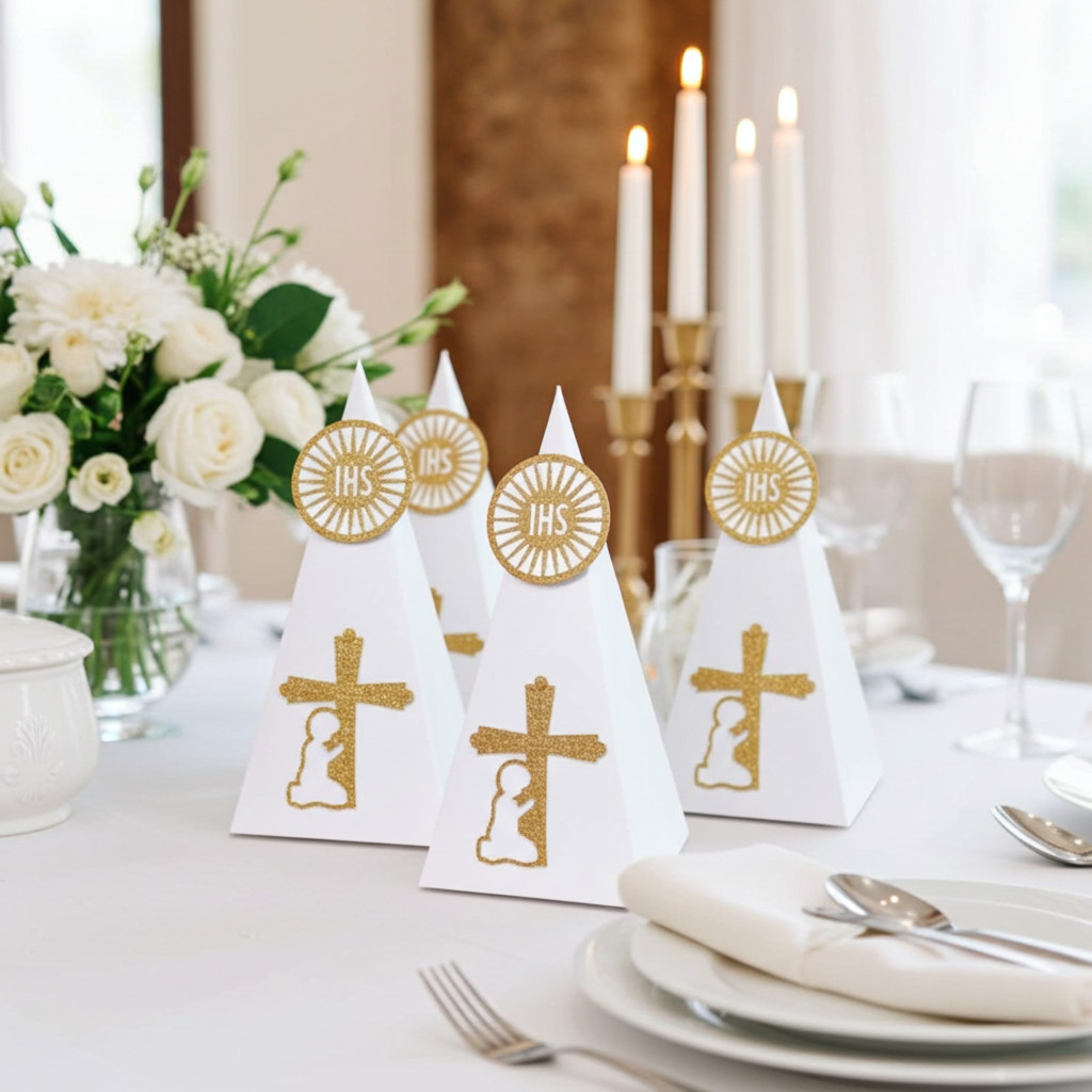 First Communion gifts for boys, table decoration for boy with IHS symbol and cross, handmade by Party By Imagination
