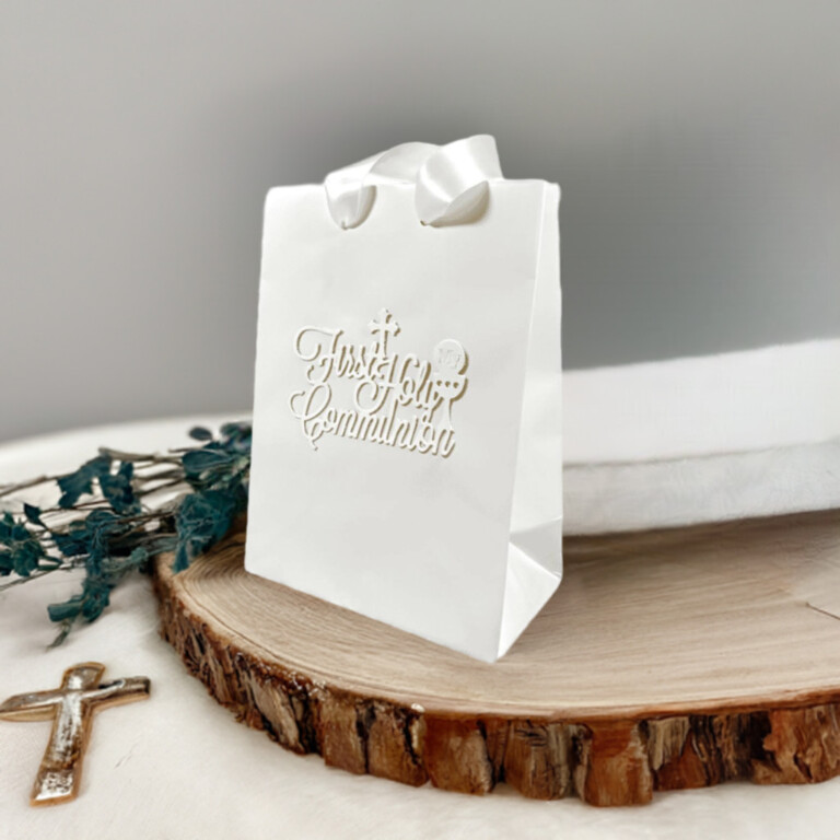First Communion gift bag for girl with embossed lettering and satin ribbon, handmade by Party By Imagination