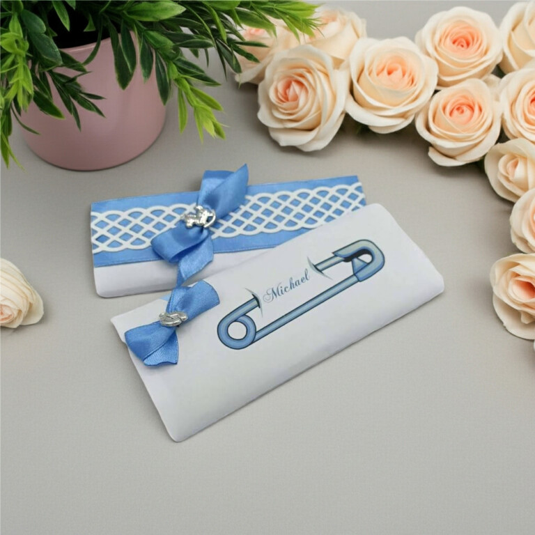 Blue ribbon baby shower chocolate wrapper with safety pin graphic