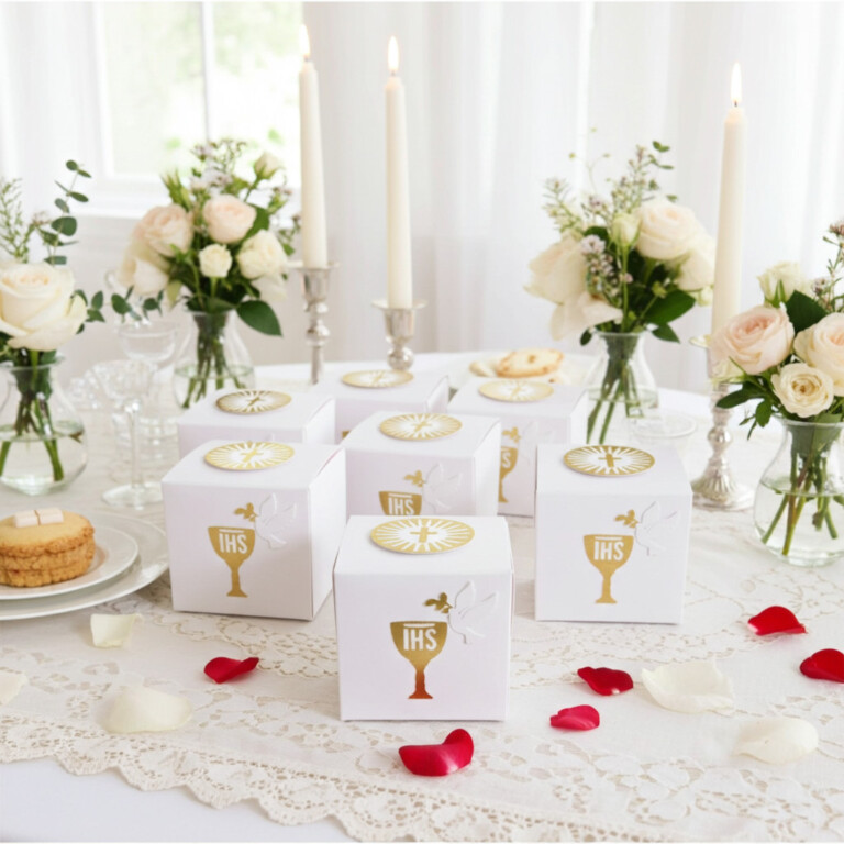 First Communion gift sets for girls with IHS symbols, coordinated handmade decorations by Party By Imagination