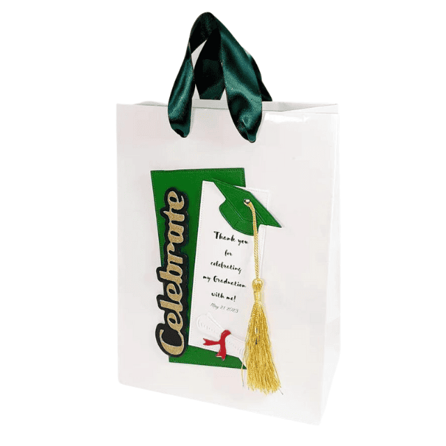Graduation gift bags with green ribbon