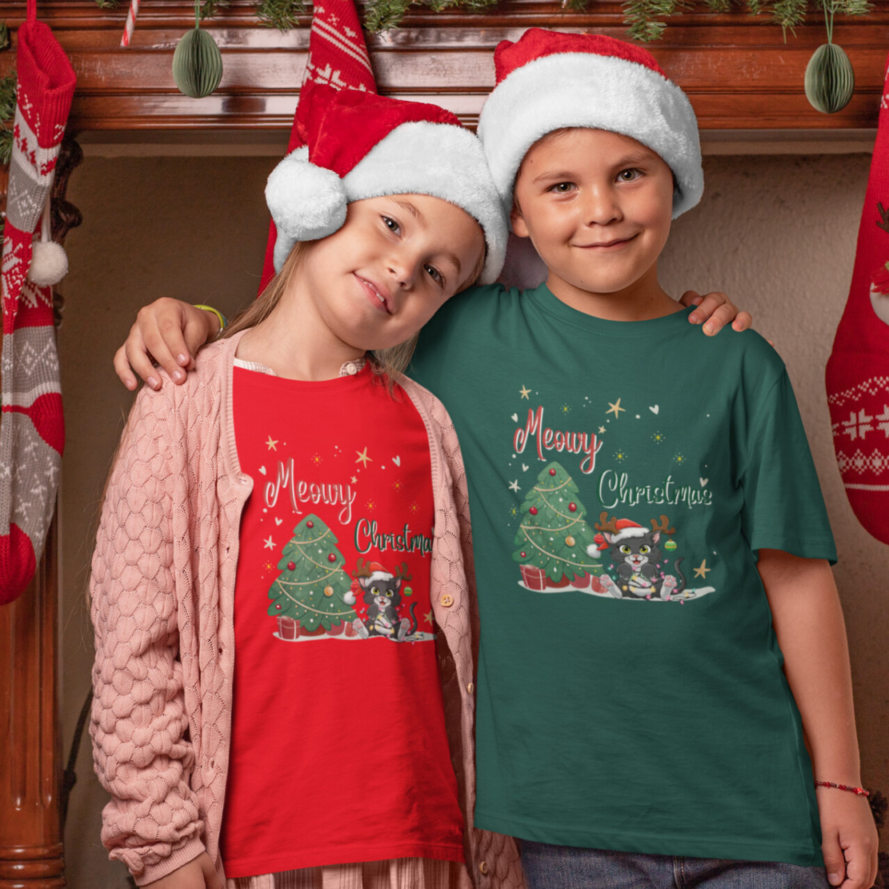 Cute black cat with antlers and Christmas tree graphic for shirt print