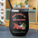Funny Christmas shirt design with text “Most Likely to Nap Through Christmas Dinner,” perfect for holiday T-shirts, pajamas, or family matching outfits.