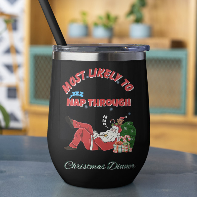 Funny Christmas shirt design with text “Most Likely to Nap Through Christmas Dinner,” perfect for holiday T-shirts, pajamas, or family matching outfits.