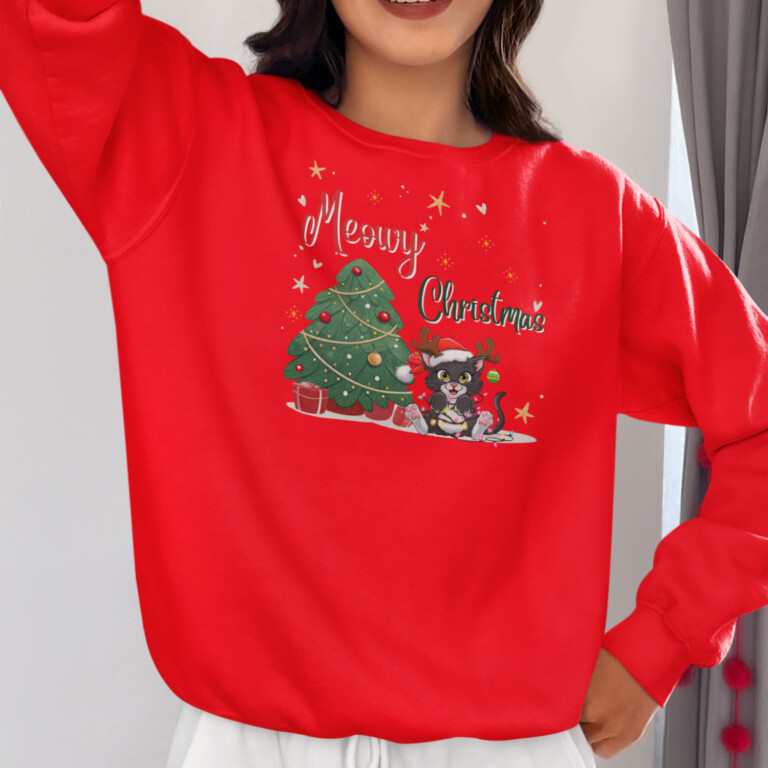 Meowy Christmas Cat & Tree PNG for Sweatshirt | Holiday Cat Design for Print