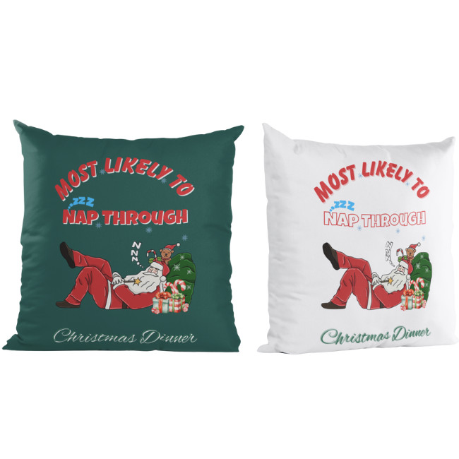 High-quality transparent PNG file with Christmas design “Most Likely to Nap Through Christmas Dinner,” ready for sublimation, printing, and crafting holiday gifts.