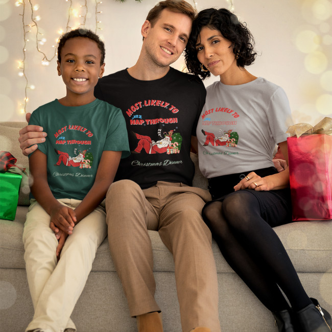 Printable funny Christmas PNG “Most Likely to Nap Through Christmas Dinner” displayed on a white mug and tote bag – perfect digital download for sublimation projects.