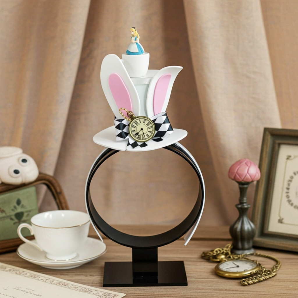 Handmade Alice in Wonderland White Rabbit headband with bunny ears, tiny Alice figure, and vintage clock — whimsical party accessory by Party By Imagination