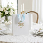 First Communion gift bags for girls with IHS symbol, handmade by Party By Imagination
