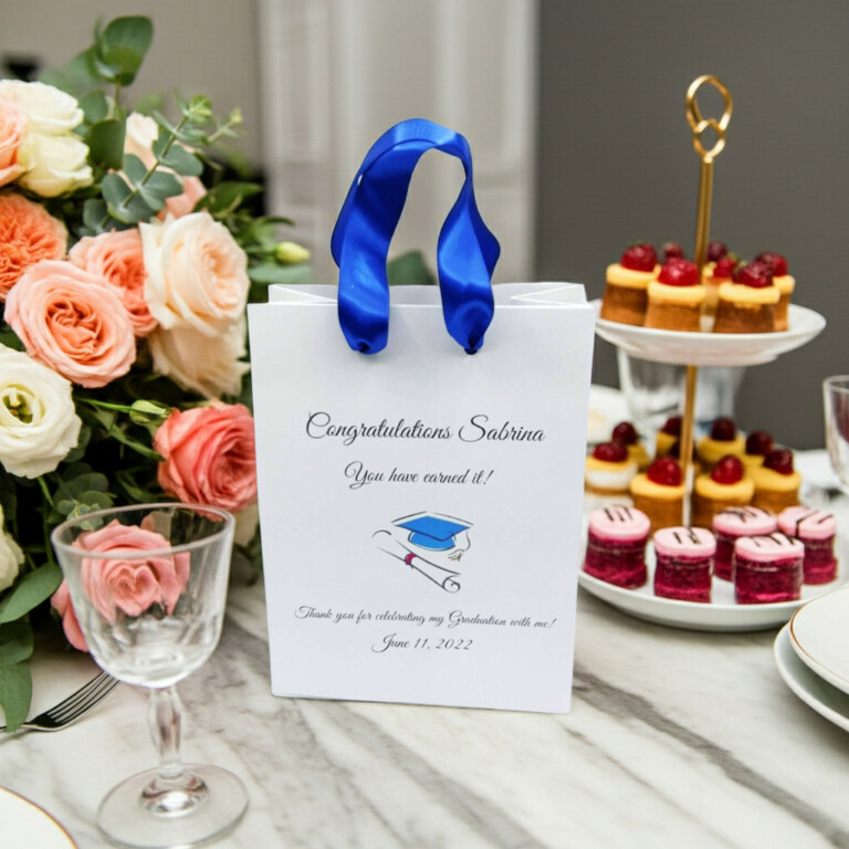 Personalized graduation gift bag with name and class year, handmade by Party By Imagination