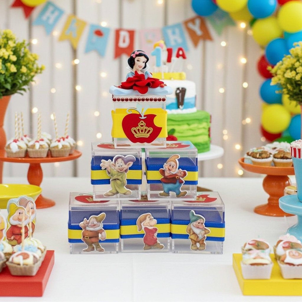Set of 5 Snow White acrylic favor boxes with Seven Dwarfs characters displayed in a colorful birthday party setup with themed decorations.