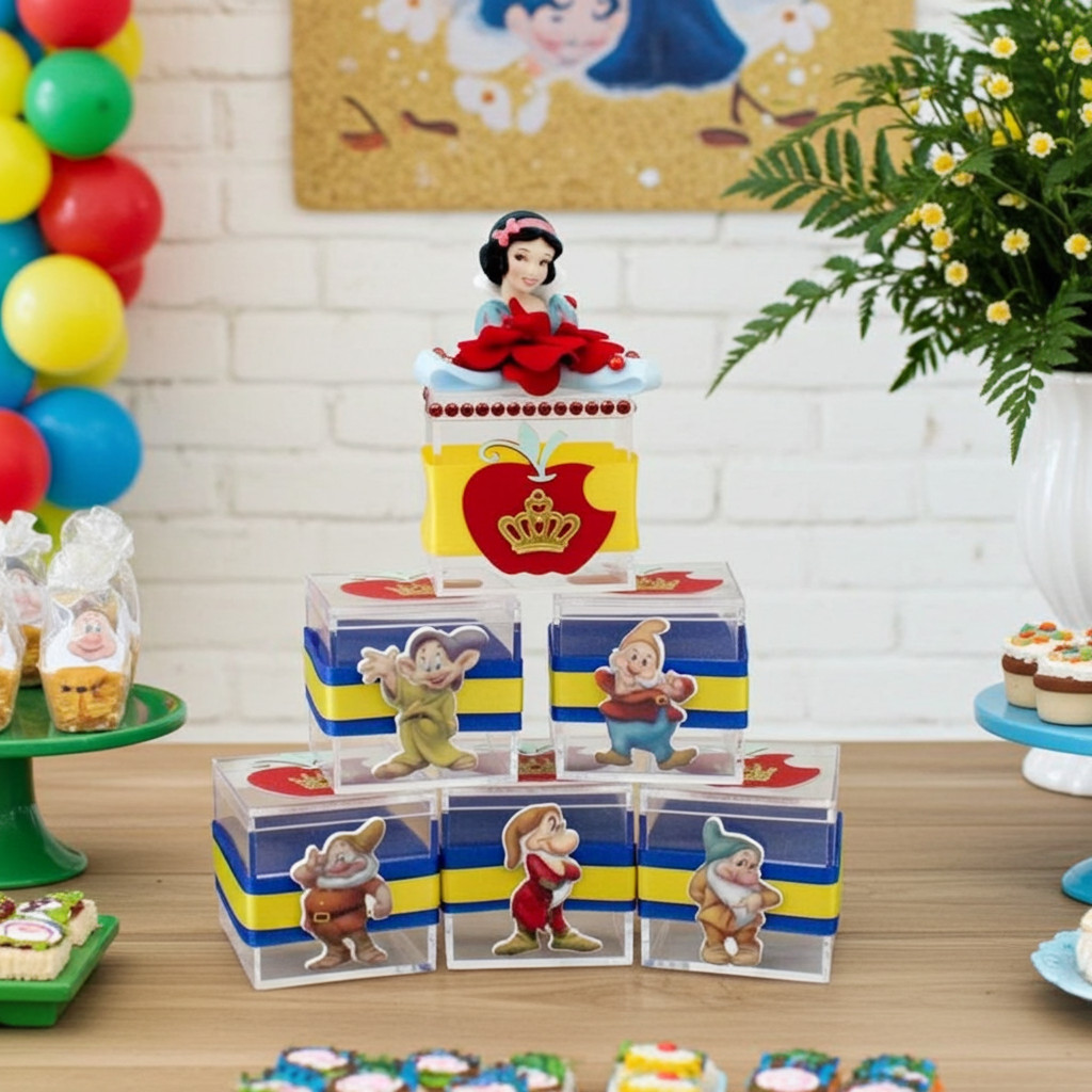 Snow White party favor boxes arranged on a dessert table, featuring handcrafted acrylic boxes decorated with the Seven Dwarfs, perfect for princess birthday celebrations