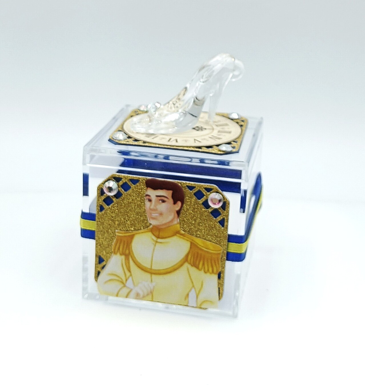 Prince Charming Cinderella acrylic favor box with blue and gold royal design for candy and party favors