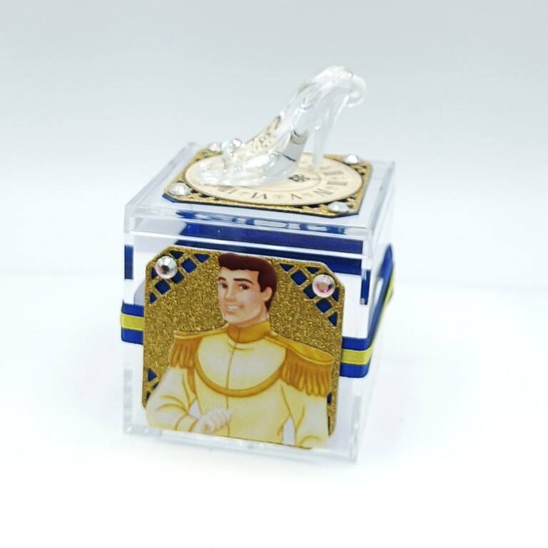 Prince Charming Cinderella acrylic favor box with blue and gold royal design for candy and party favors