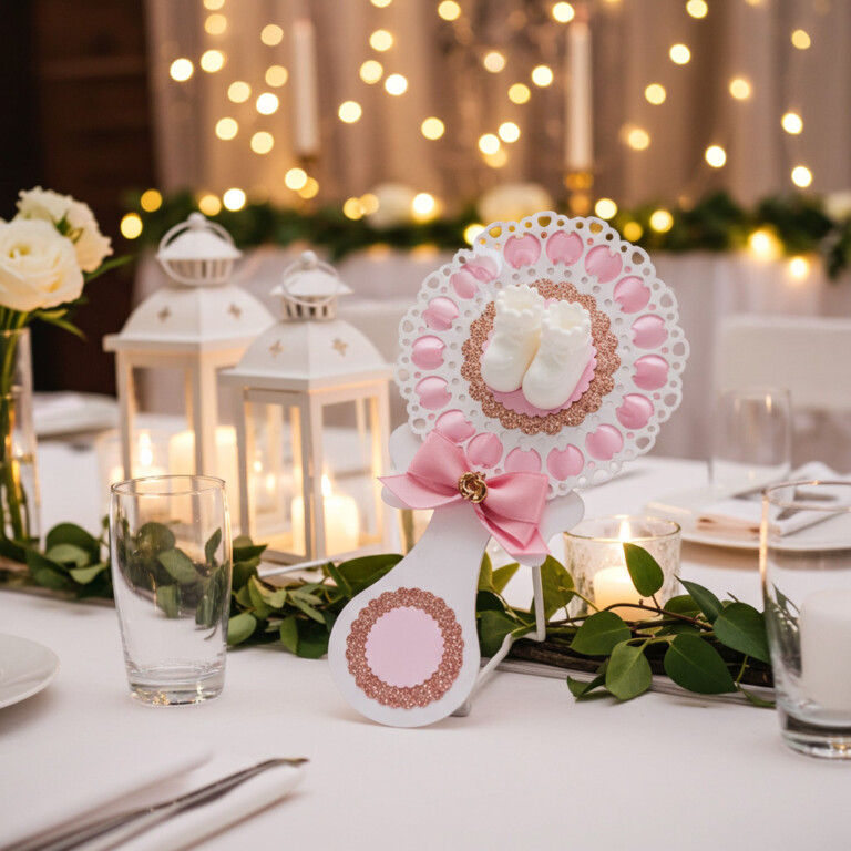 Baby girl shower rattle party favor with baby shoes and pink ribbon on decorated table