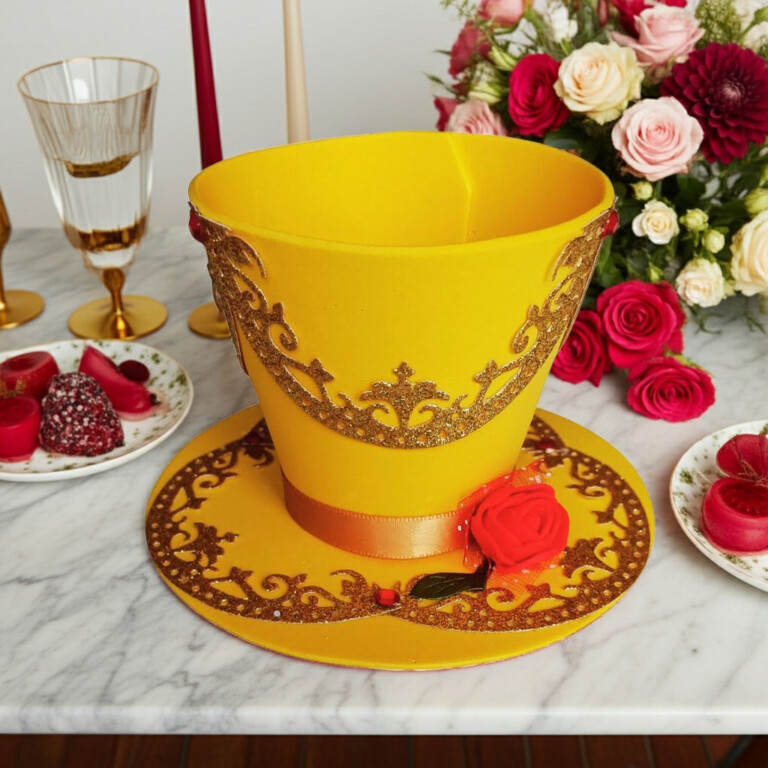 Enchanted rose foam cupcake topper hat with gold glitter details and red rose decoration