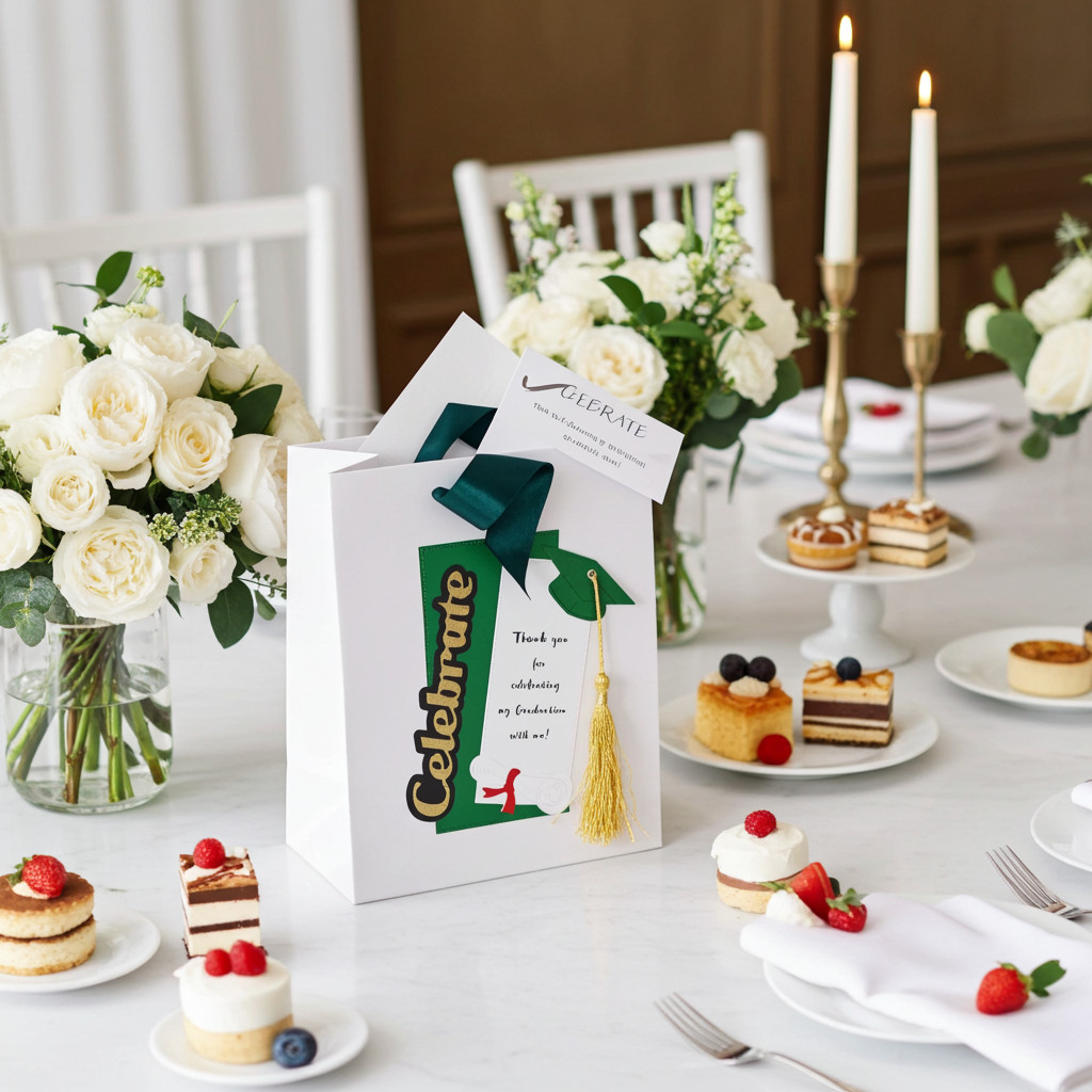 Graduation favor bags. Personalized green graduation party favor bag with Class of 2026 cap and tassel displayed on decorated outdoor graduation table