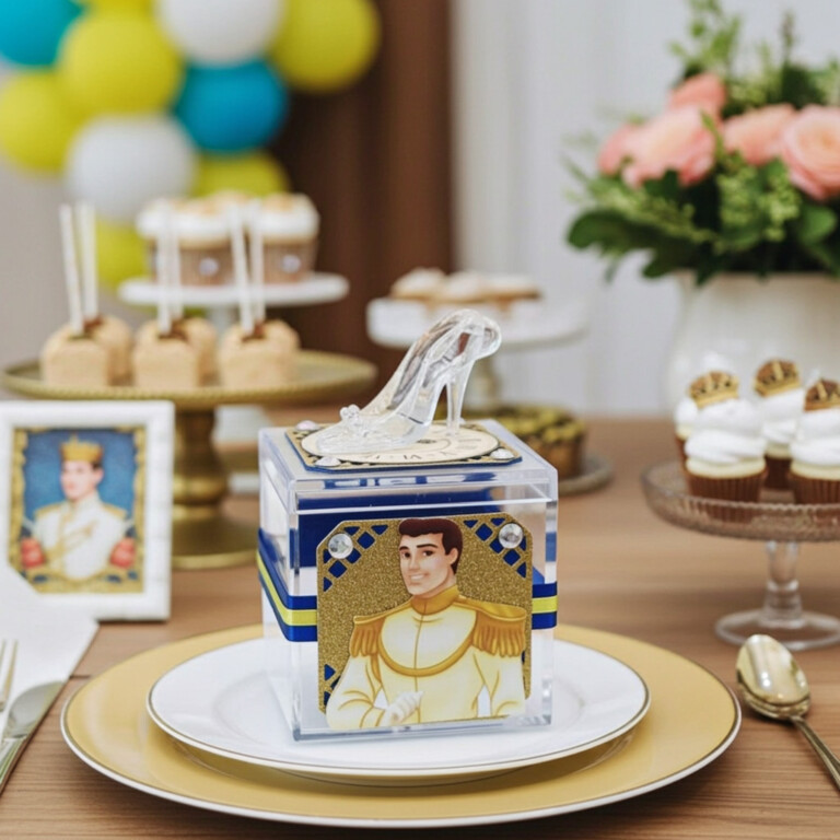 Prince Charming Cinderella acrylic favor box with blue and gold royal design for candy and party favors