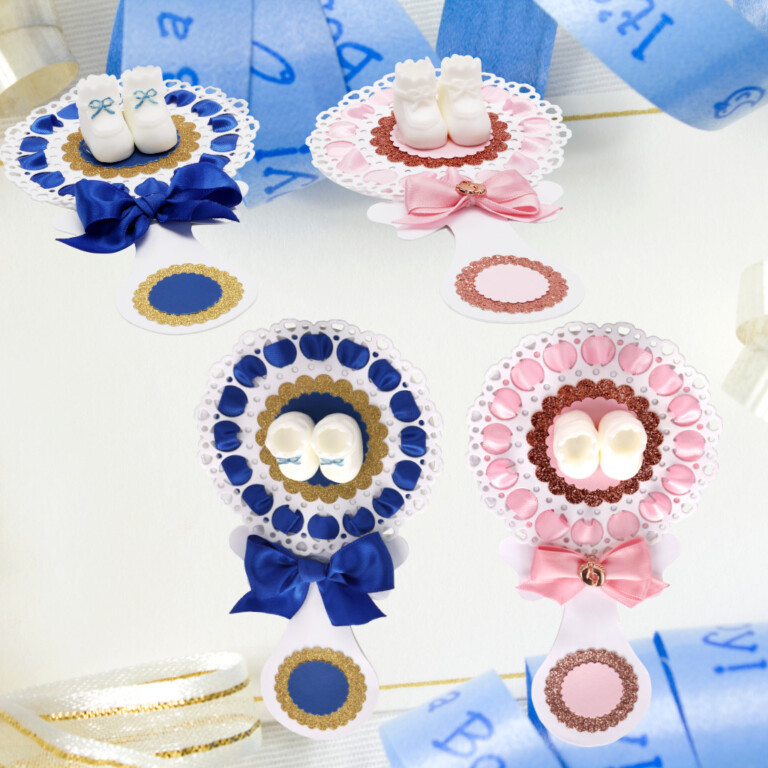 Elegant blue and gold baby shower table decoration with baby shoe keepsake