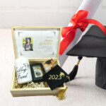 Personalized student graduation wooden gift box with photo, diploma scroll, graduation cap and keepsake items