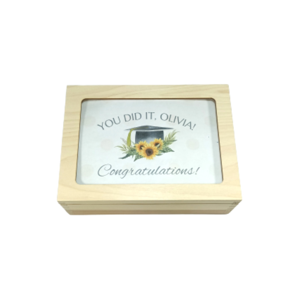 Graduation memory wooden box with glass lid and personalized graduation keepsake set