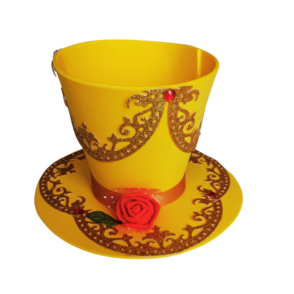 Fairytale foam cupcake topper hat with gold glitter trim and decorative rose