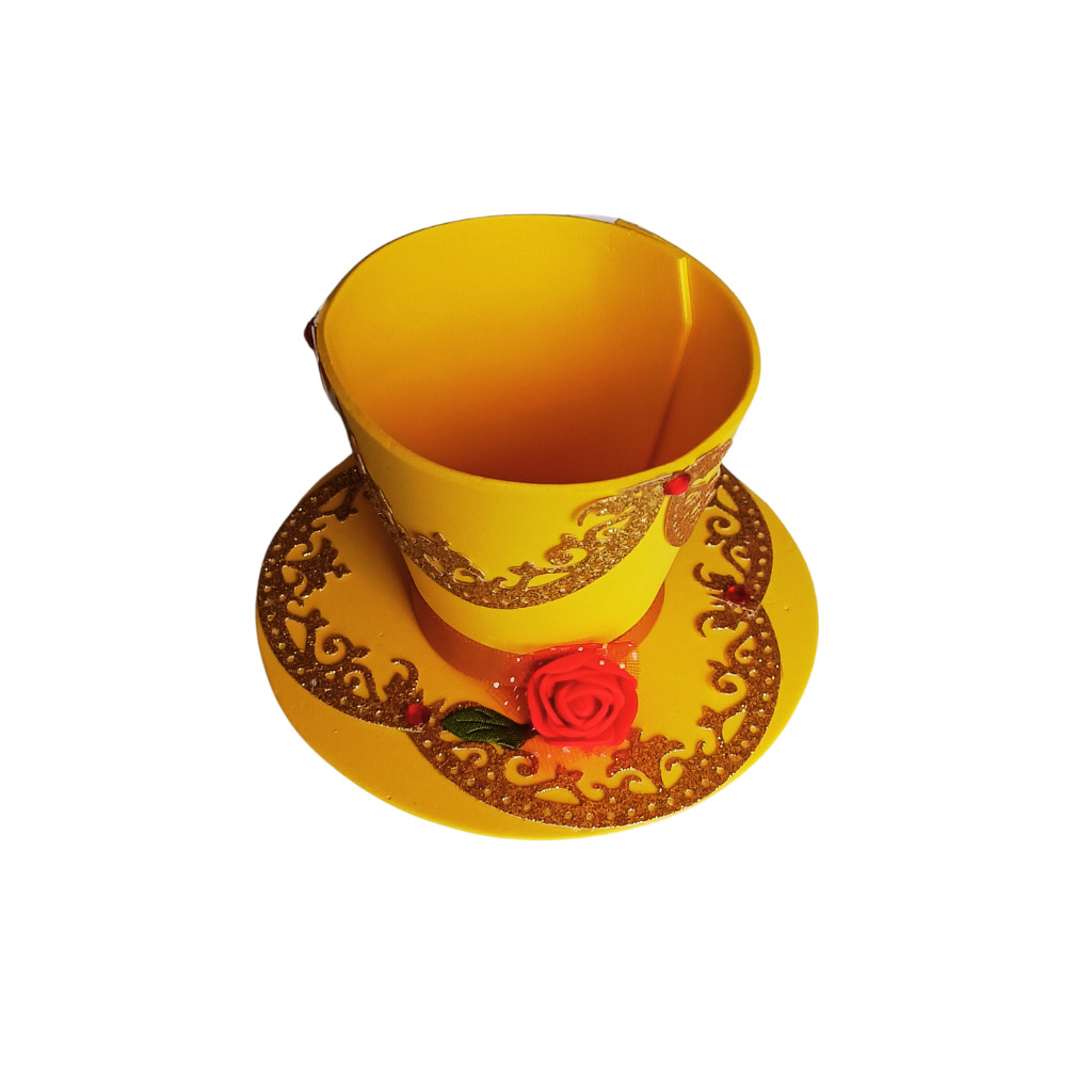 Golden fairytale cupcake topper hat made from glitter foam paper with red rose accent