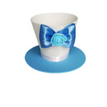 Storybook tea party cupcake hat featuring blue rose bow and hanging key charm