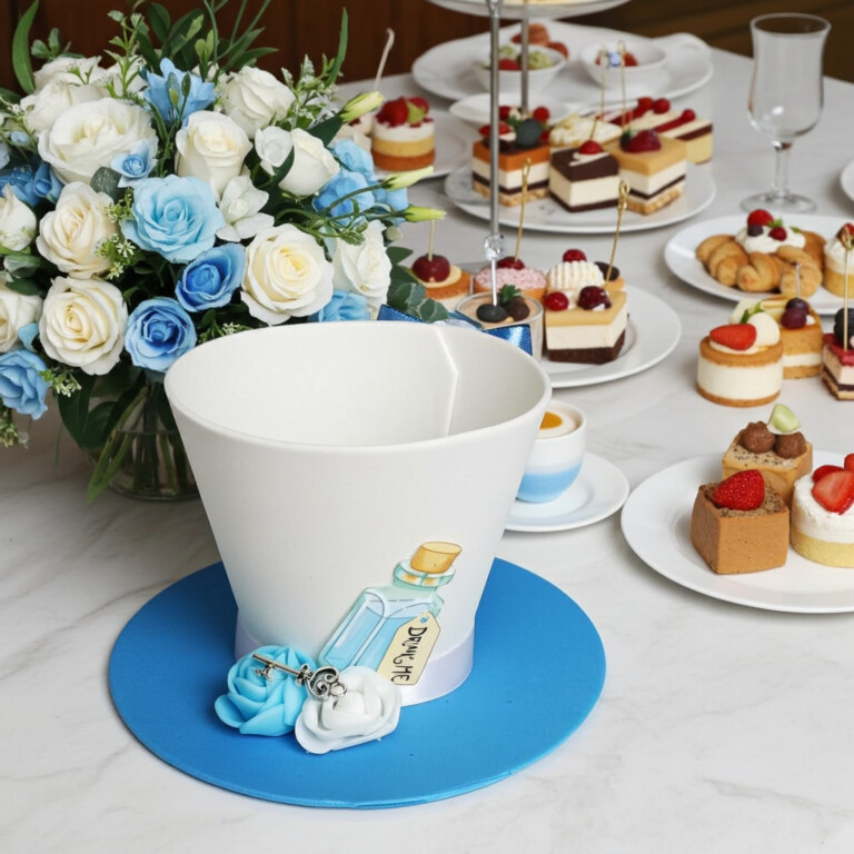 Whimsical tea party cupcake hat made from foam with blue bow, rose, and key charm