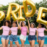 Ring Secured PNG Set, Bride and bridal party wearing Ring Secured and Group Chat Active shirts celebrating at bachelorette party with gold bride balloons