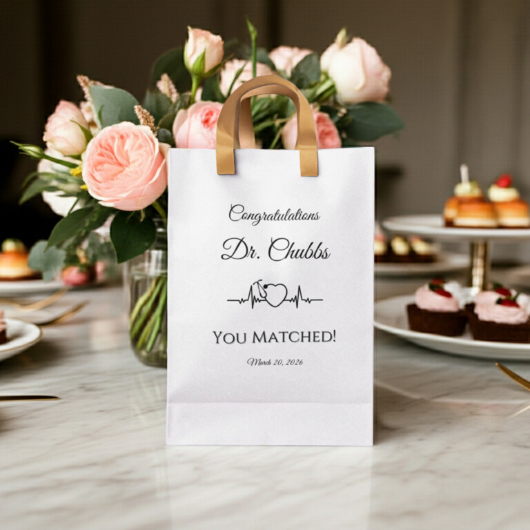 Personalized doctor Match Day gift bag with Congratulations Dr. Chubbs You Matched message and heartbeat medical symbol, white residency match celebration gift bag