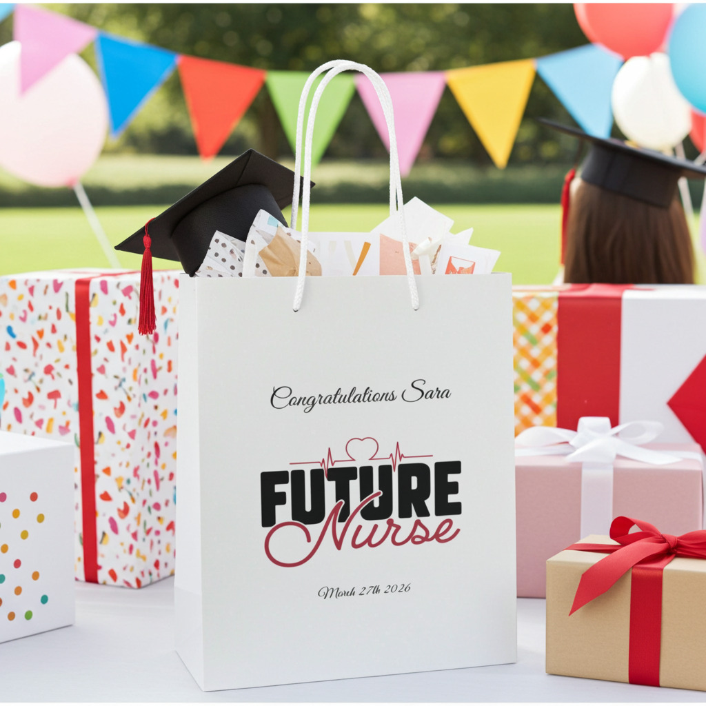 Personalized Future Nurse graduation gift bag with heartbeat design, custom name Sara and graduation date, white nursing school graduation gift bag