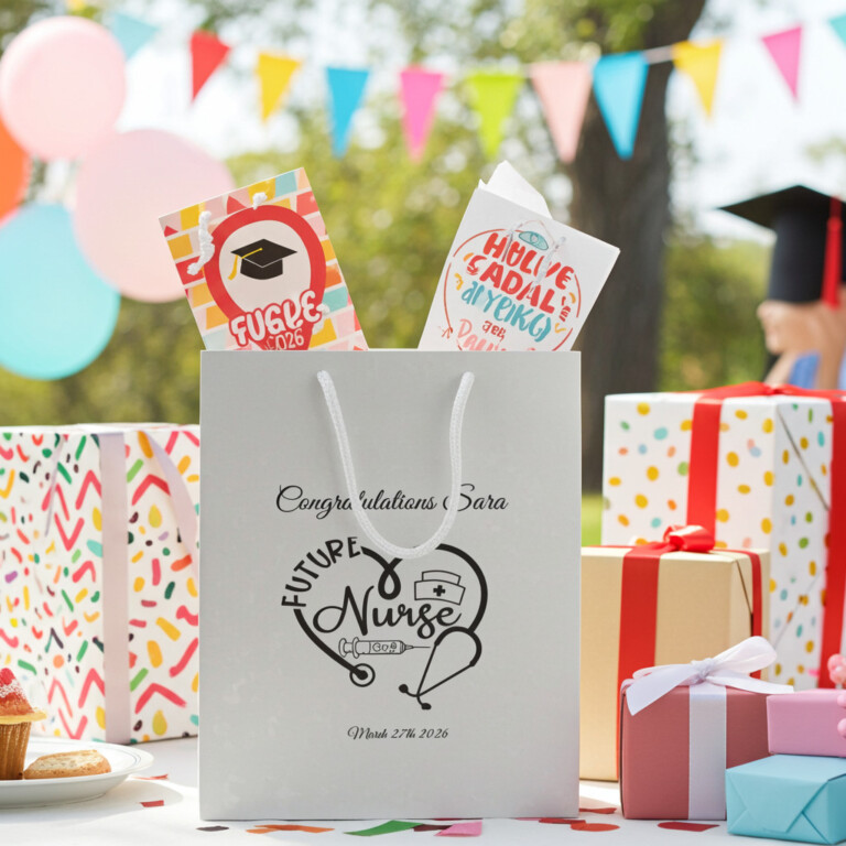 Personalized Future Nurse Graduation Gift Bag with name Sara and graduation date, white gift bag with rope handles for nursing school graduation gift