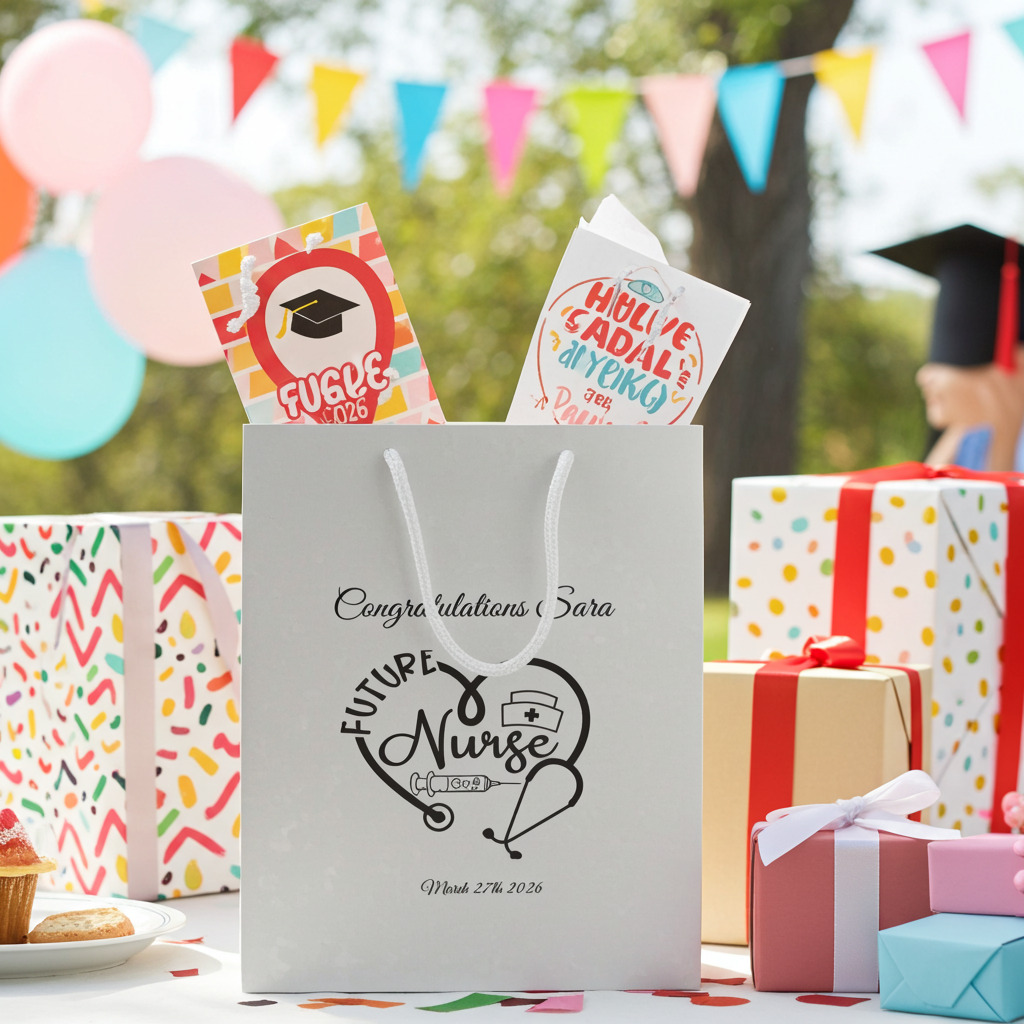 Personalized Future Nurse Graduation Gift Bag with name Sara and graduation date, white gift bag with rope handles for nursing school graduation gift