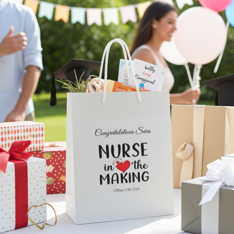 Personalized Future Nurse graduation gift bag with heartbeat design, custom name Sara and graduation date, white nursing school graduation gift bag