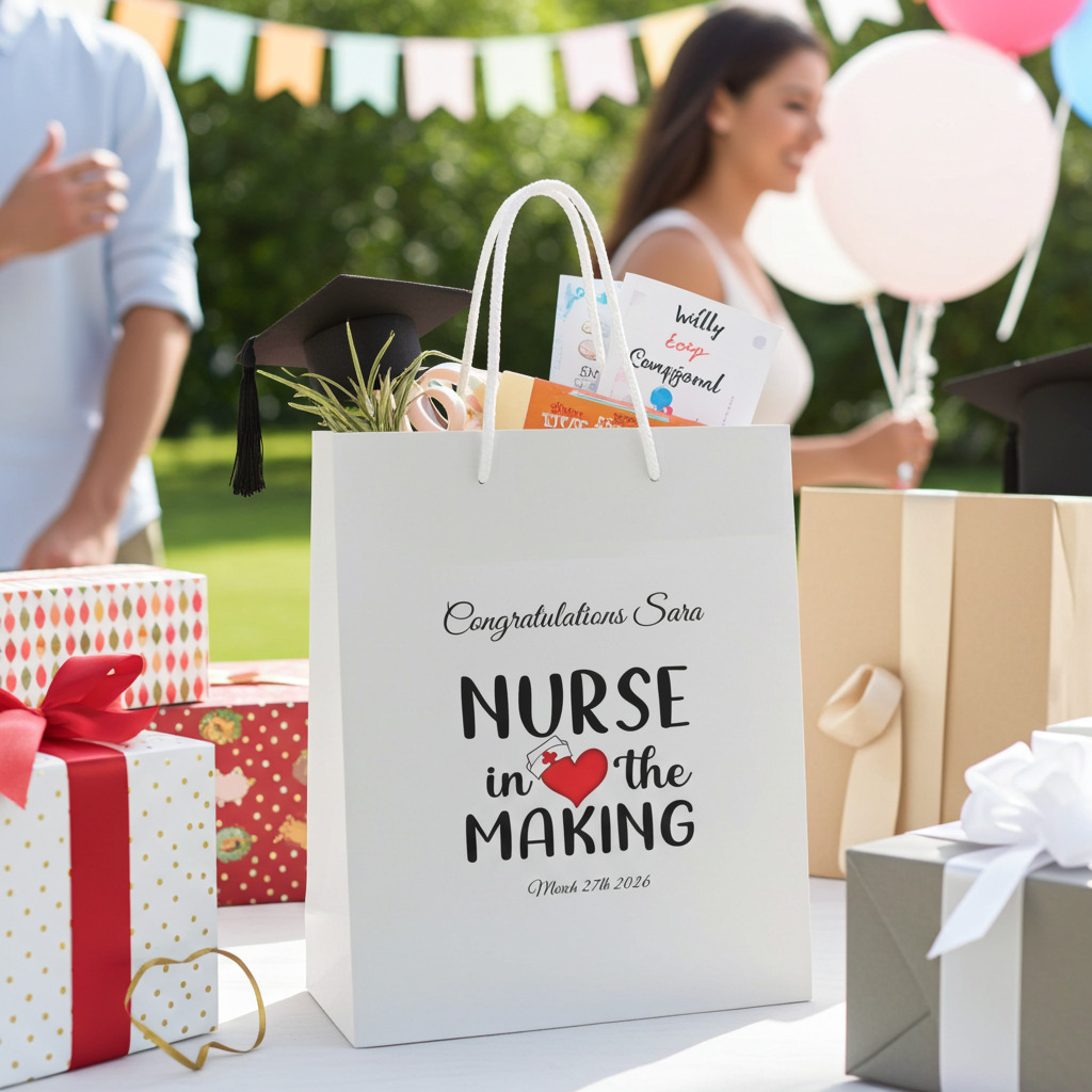 Personalized Future Nurse graduation gift bag with heartbeat design, custom name Sara and graduation date, white nursing school graduation gift bag