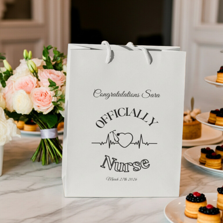 Officially Nurse graduation gift bag with heartbeat design, personalized nurse gift bag with custom name Sara and graduation date