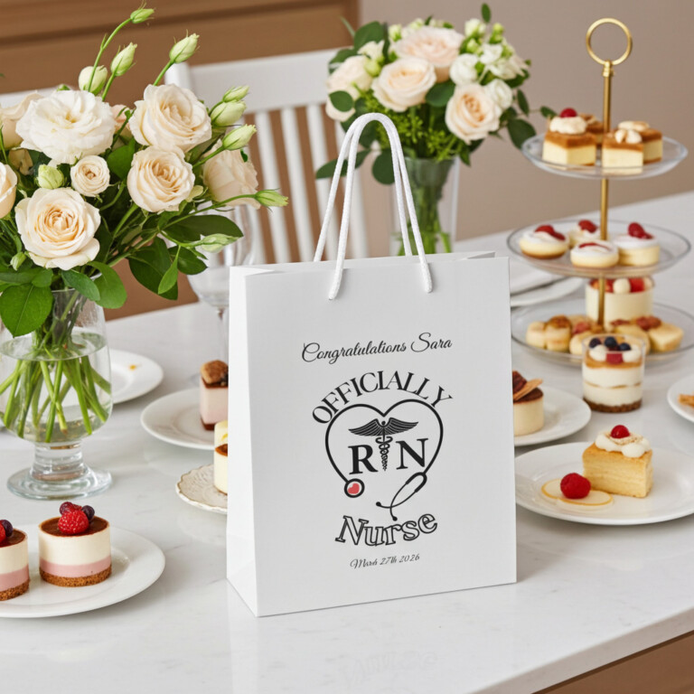 Officially RN graduation gift bag personalized with name Sara and graduation date, Registered Nurse gift bag with stethoscope heart design