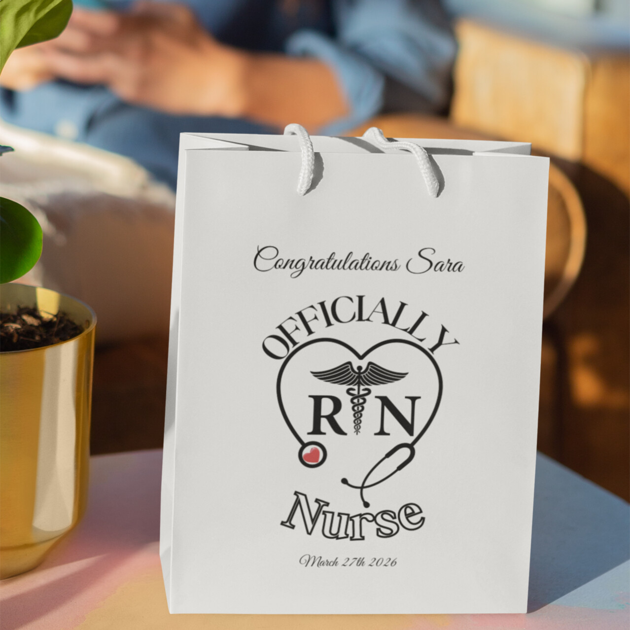 Officially RN graduation gift bag personalized with name Sara and graduation date, Registered Nurse gift bag with stethoscope heart design